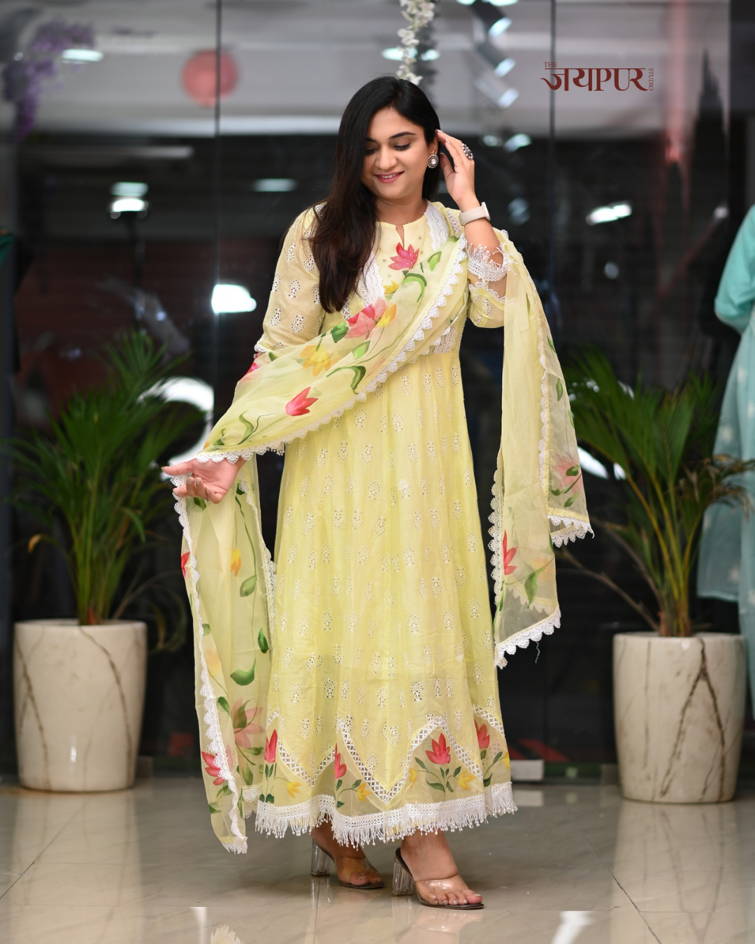 Adya Cotton Schiffli Hand Brush Painted Anarkali Set - The Jaipur Studio