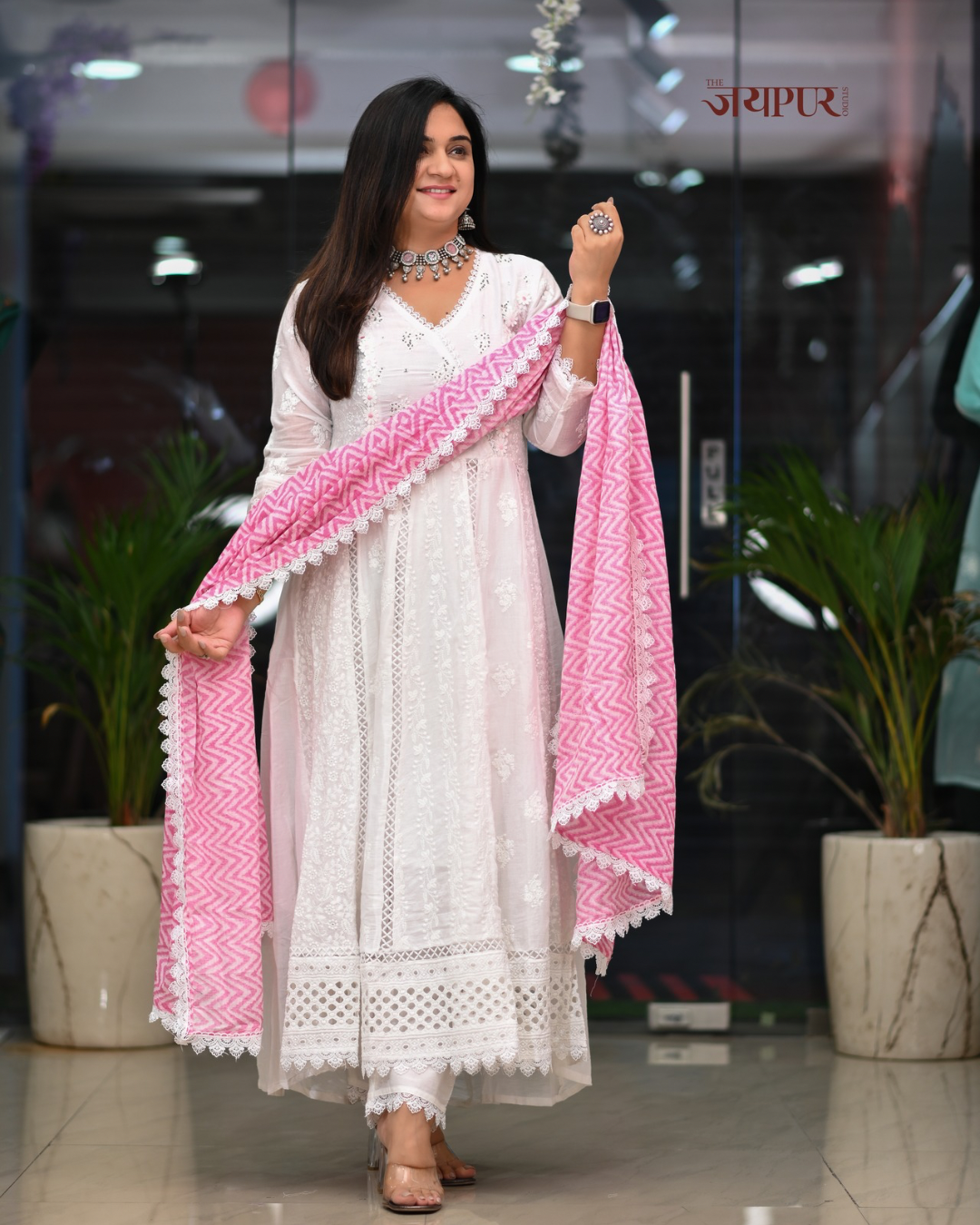 Amaisha  Cotton chikankari Anarkali Set - The Jaipur Studio