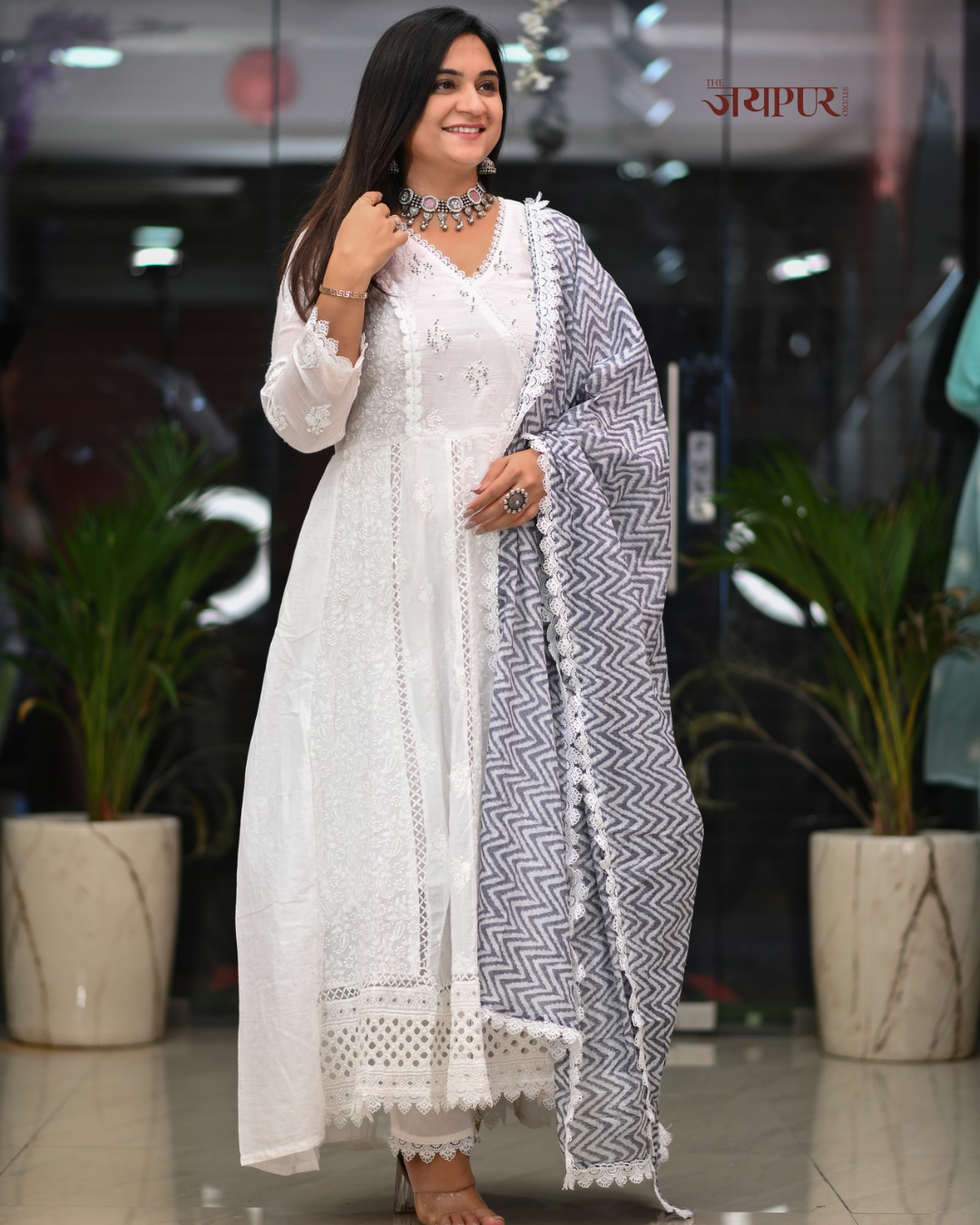 Amaisha  Cotton chikankari Anarkali Set - The Jaipur Studio