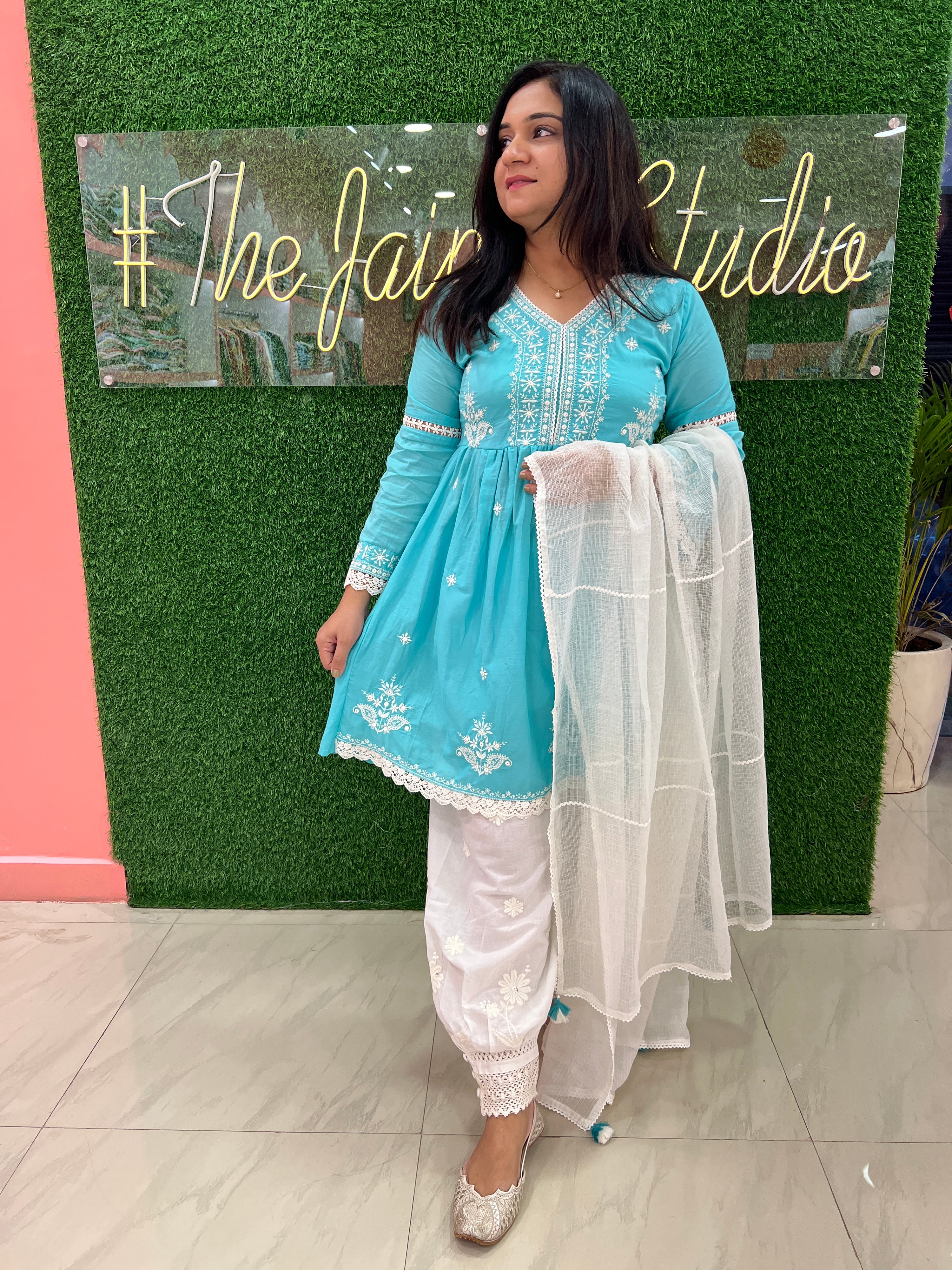 Cotton Embroidered Peplum Kurta Afgani Set - The Jaipur Studio