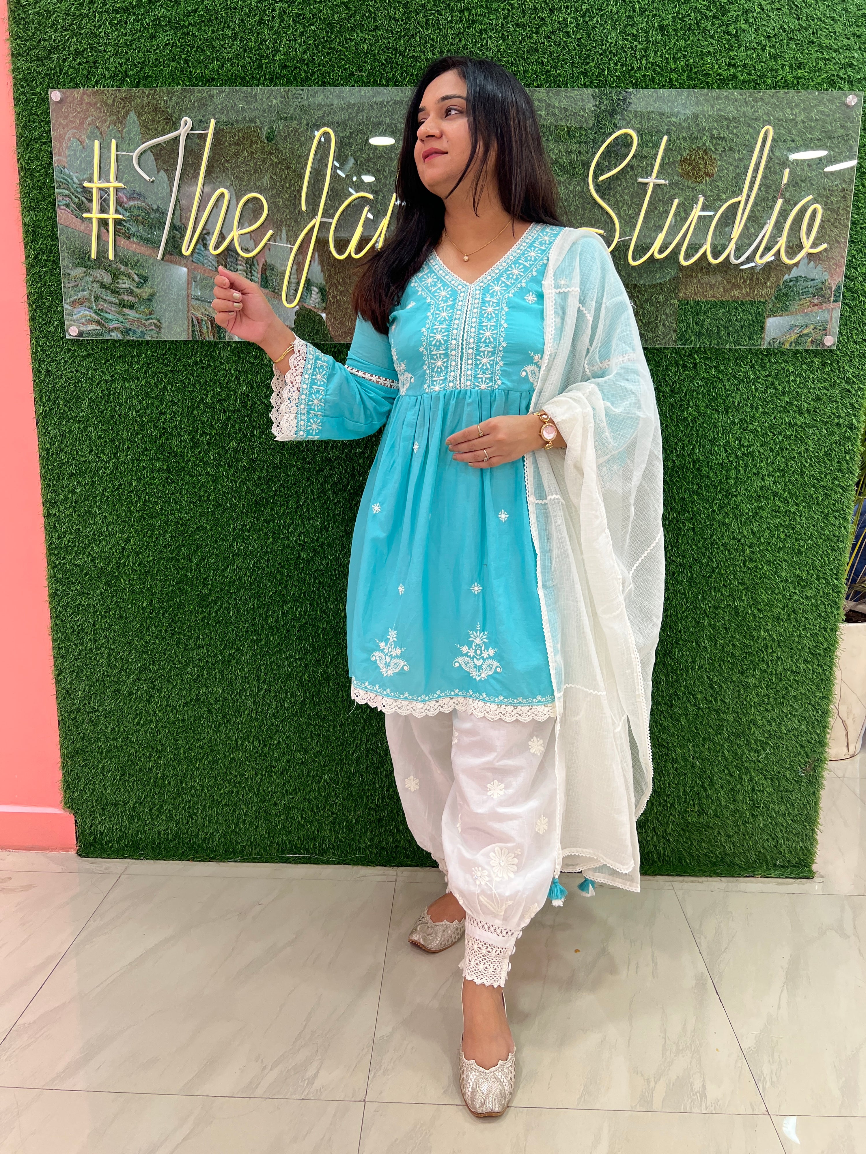Cotton Embroidered Peplum Kurta Afgani Set - The Jaipur Studio