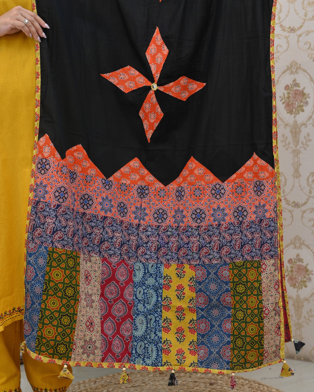 Cotton Embroidered Pant Set with Ajrakh Appliqué Dupatta - The Jaipur Studio