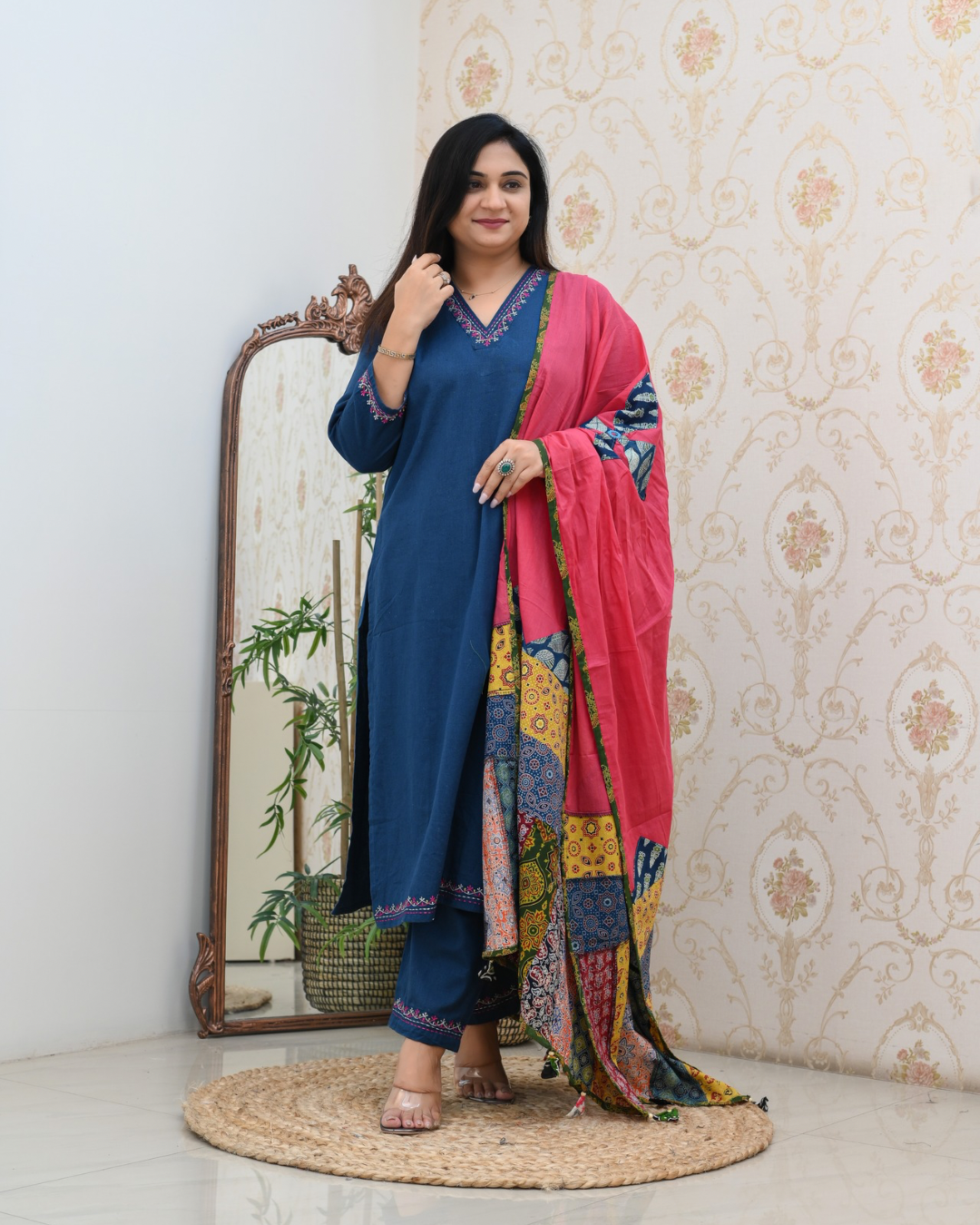 Cotton Embroidered Pant Set with Ajrakh Appliqué Dupatta - The Jaipur Studio