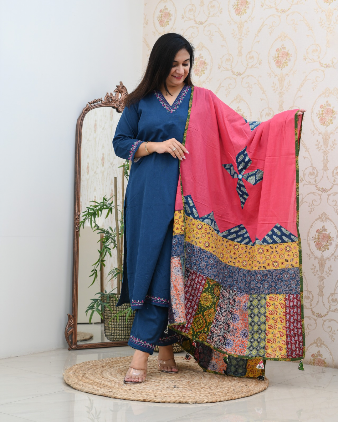 Cotton Embroidered Pant Set with Ajrakh Appliqué Dupatta - The Jaipur Studio