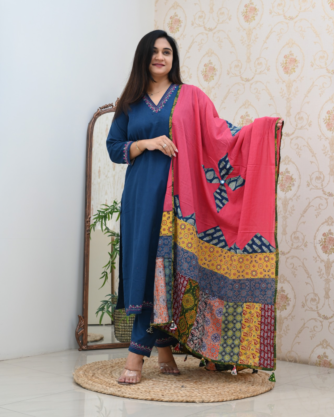 Cotton Embroidered Pant Set with Ajrakh Appliqué Dupatta - The Jaipur Studio