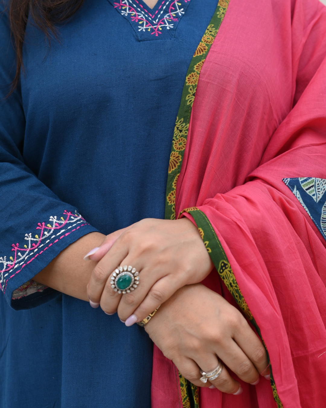 Cotton Embroidered Pant Set with Ajrakh Appliqué Dupatta - The Jaipur Studio