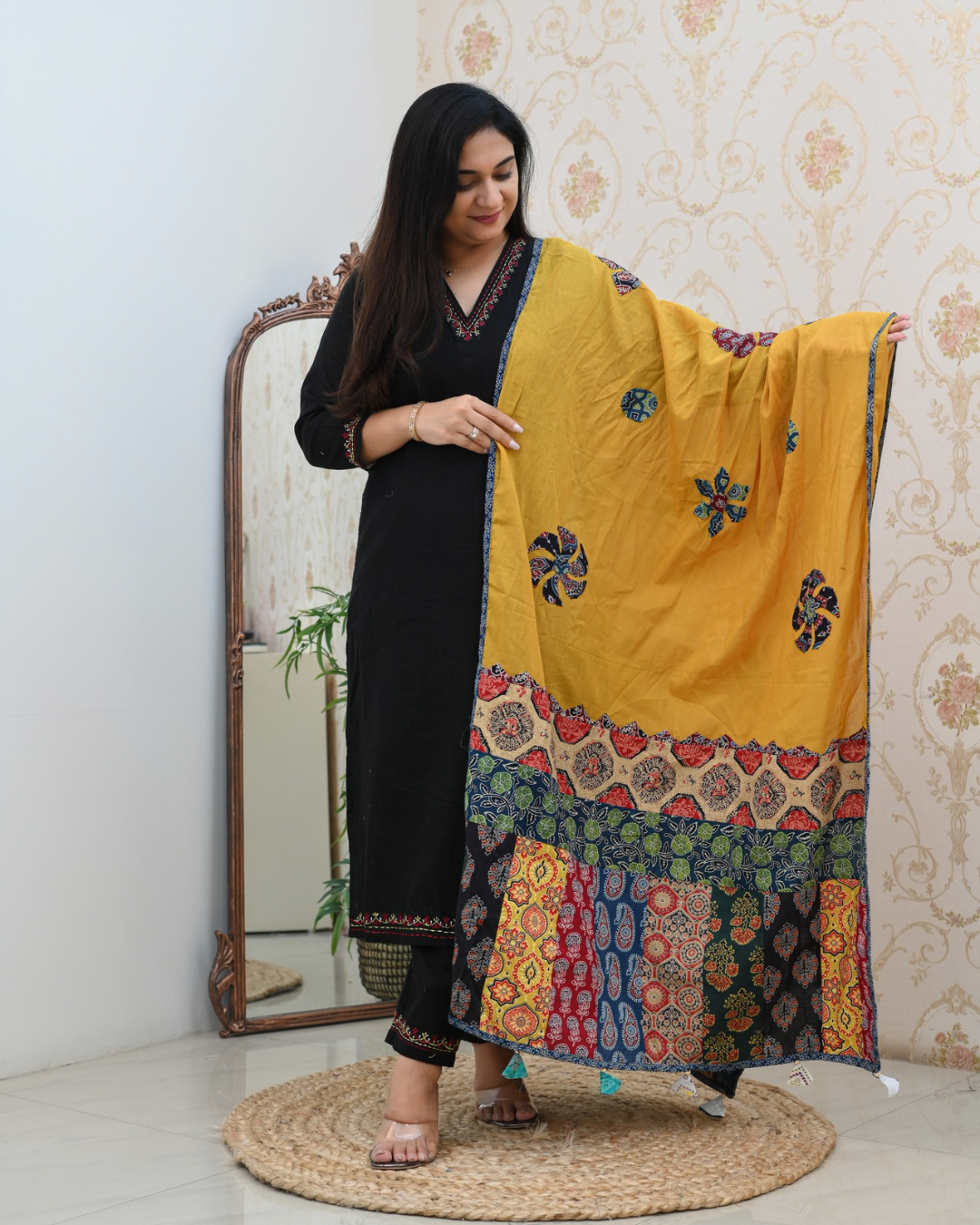 Cotton Embroidered Pant Set with Ajrakh Appliqué Dupatta - The Jaipur Studio