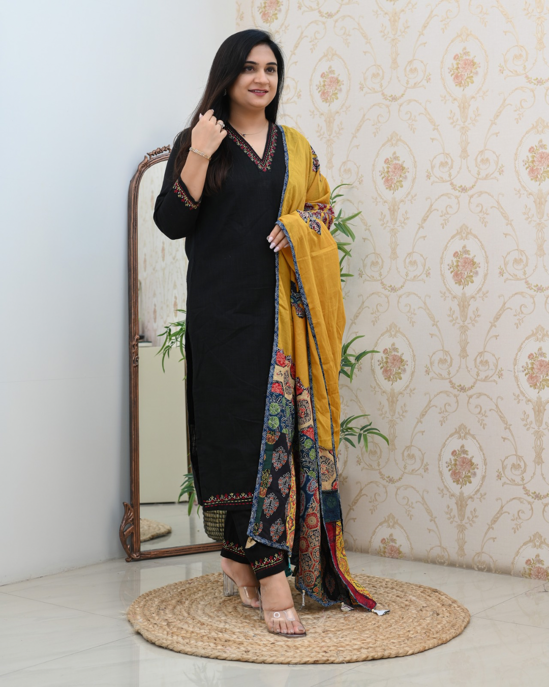 Cotton Embroidered Pant Set with Ajrakh Appliqué Dupatta - The Jaipur Studio