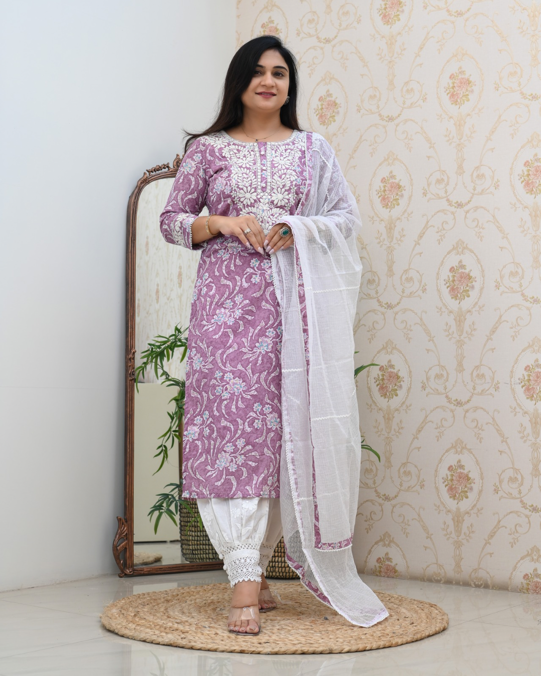 Mul Cotton Floral Lucknowi Gulnar Set - The Jaipur Studio