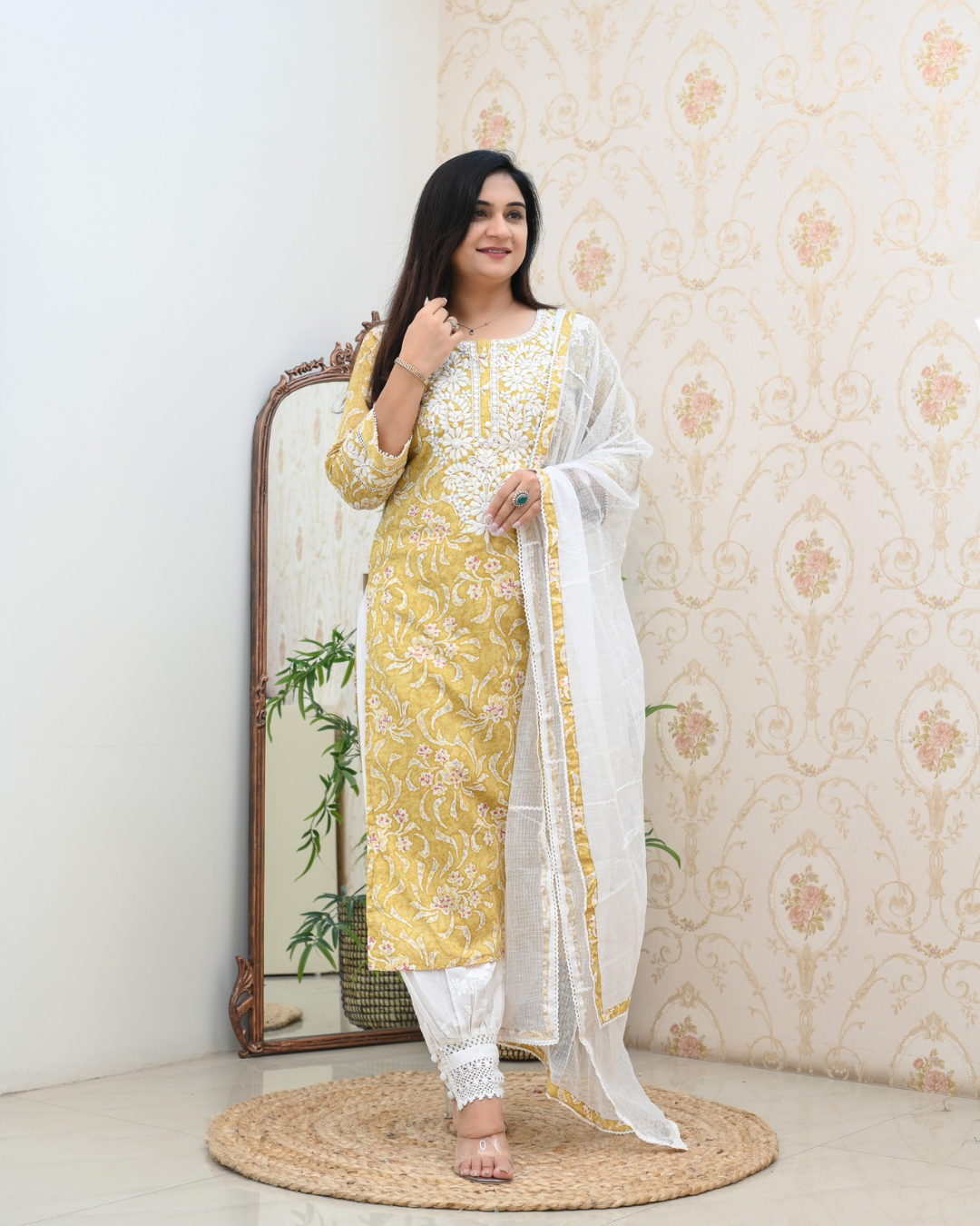 Mul Cotton Floral Lucknowi Gulnar Set - The Jaipur Studio