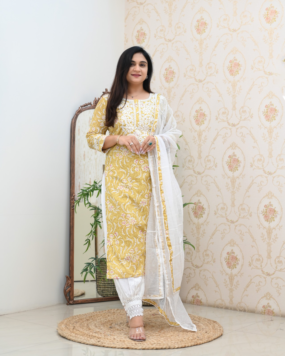Mul Cotton Floral Lucknowi Gulnar Set - The Jaipur Studio
