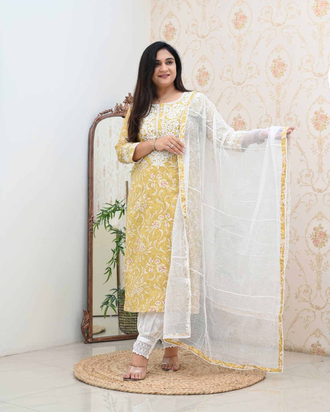 Mul Cotton Floral Lucknowi Gulnar Set - The Jaipur Studio