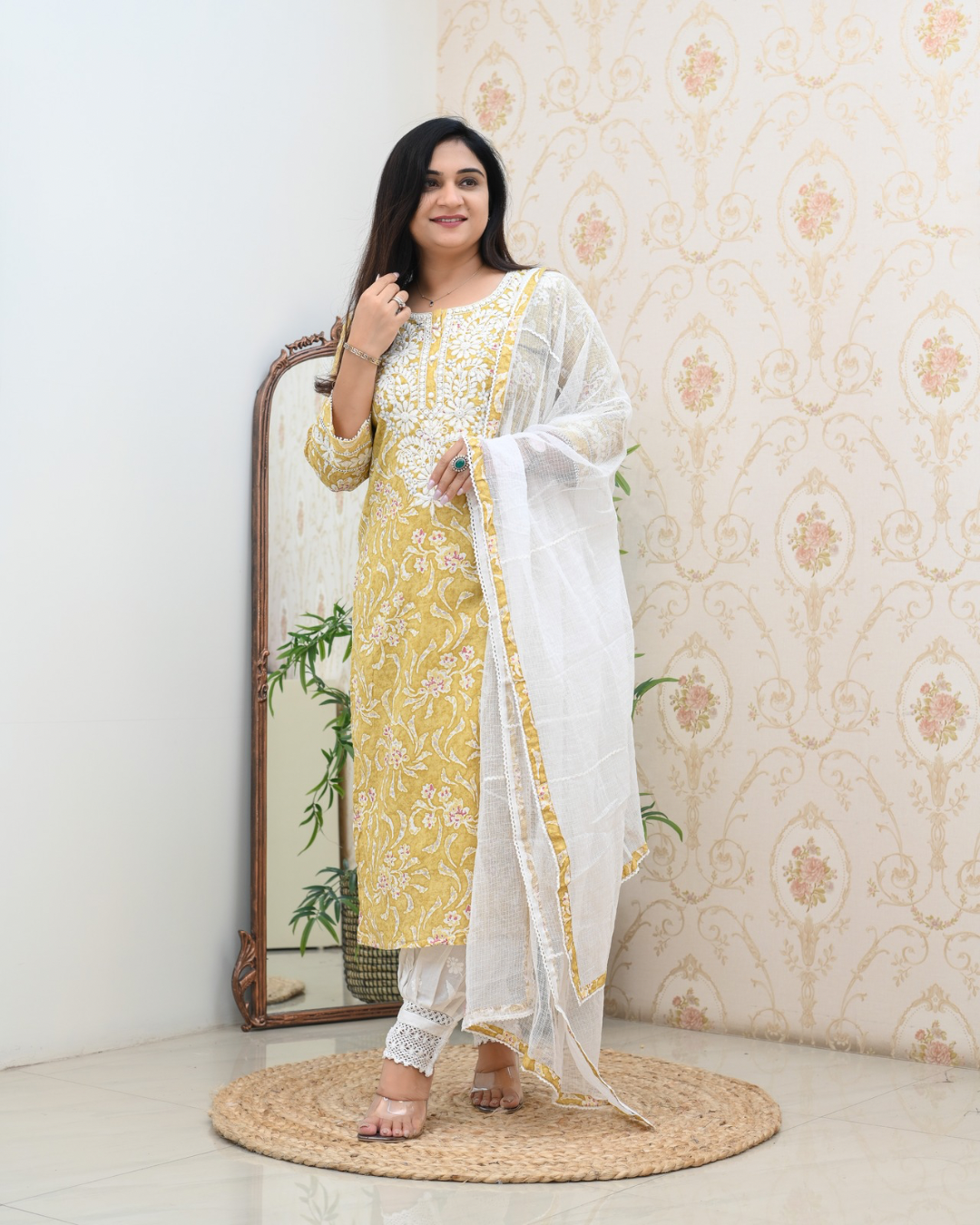 Mul Cotton Floral Lucknowi Gulnar Set - The Jaipur Studio