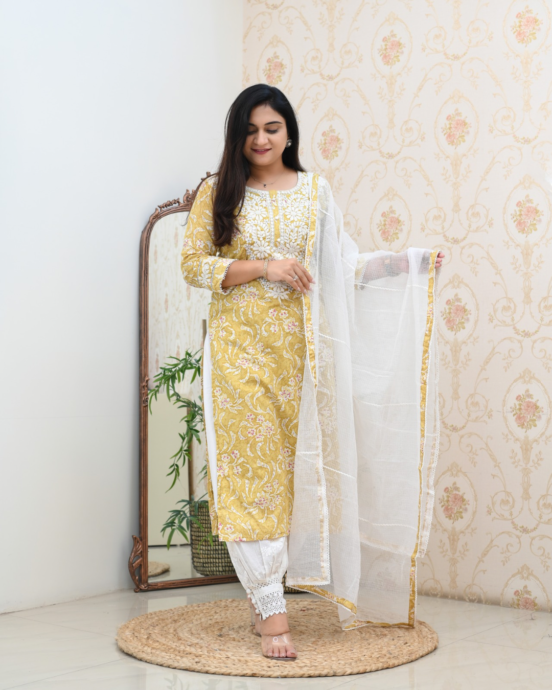 Mul Cotton Floral Lucknowi Gulnar Set - The Jaipur Studio