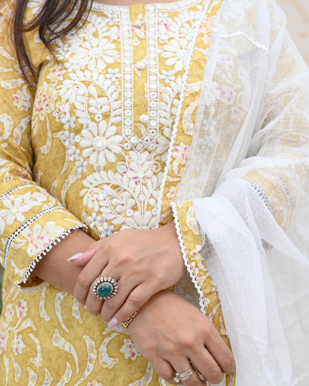 Mul Cotton Floral Lucknowi Gulnar Set - The Jaipur Studio