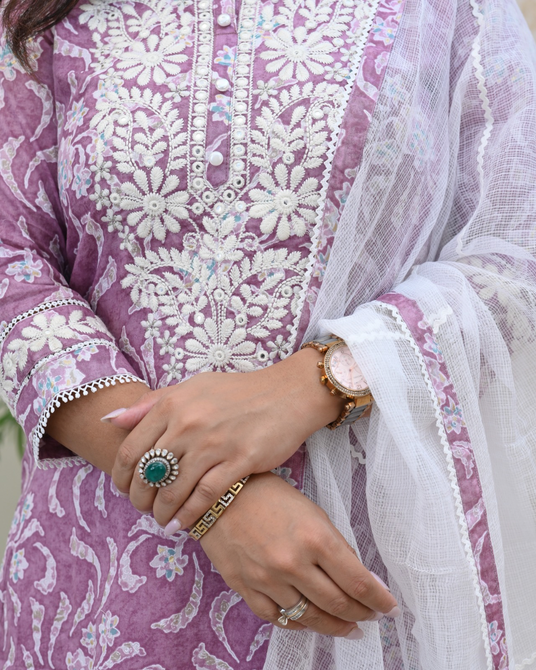 Mul Cotton Floral Lucknowi Gulnar Set - The Jaipur Studio