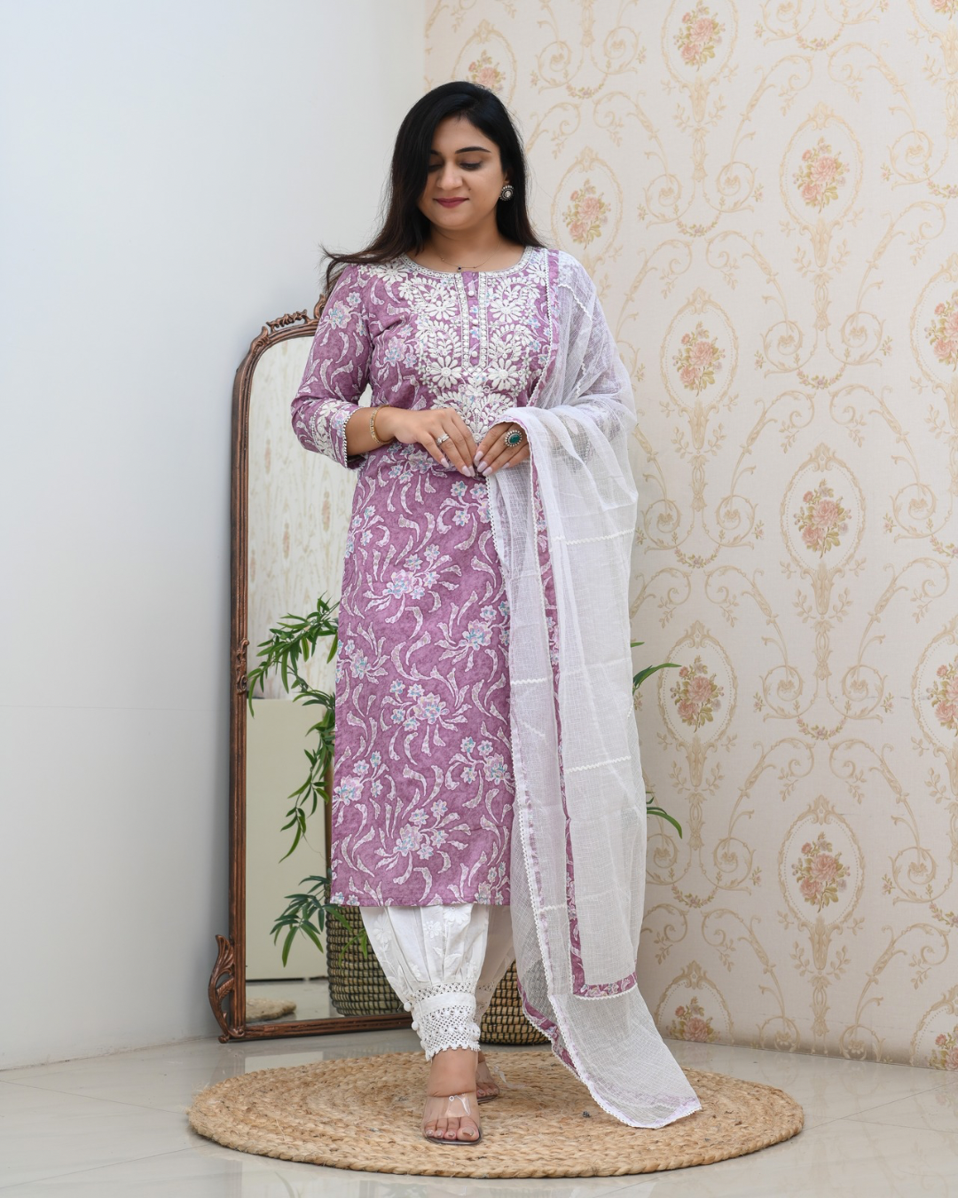 Mul Cotton Floral Lucknowi Gulnar Set - The Jaipur Studio