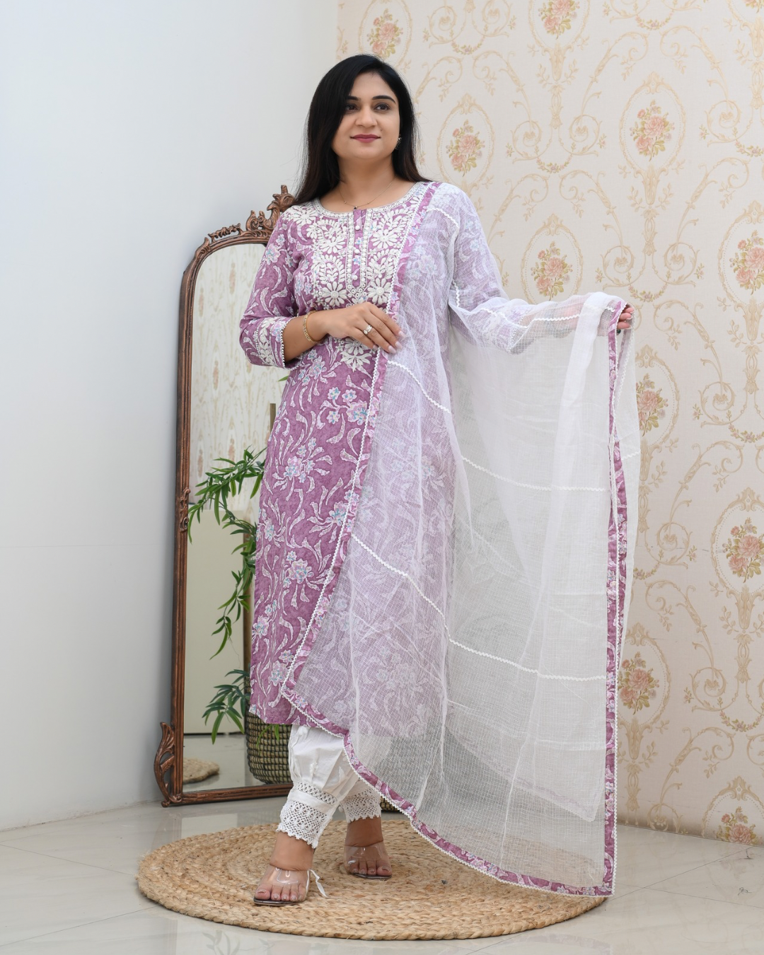 Mul Cotton Floral Lucknowi Gulnar Set - The Jaipur Studio