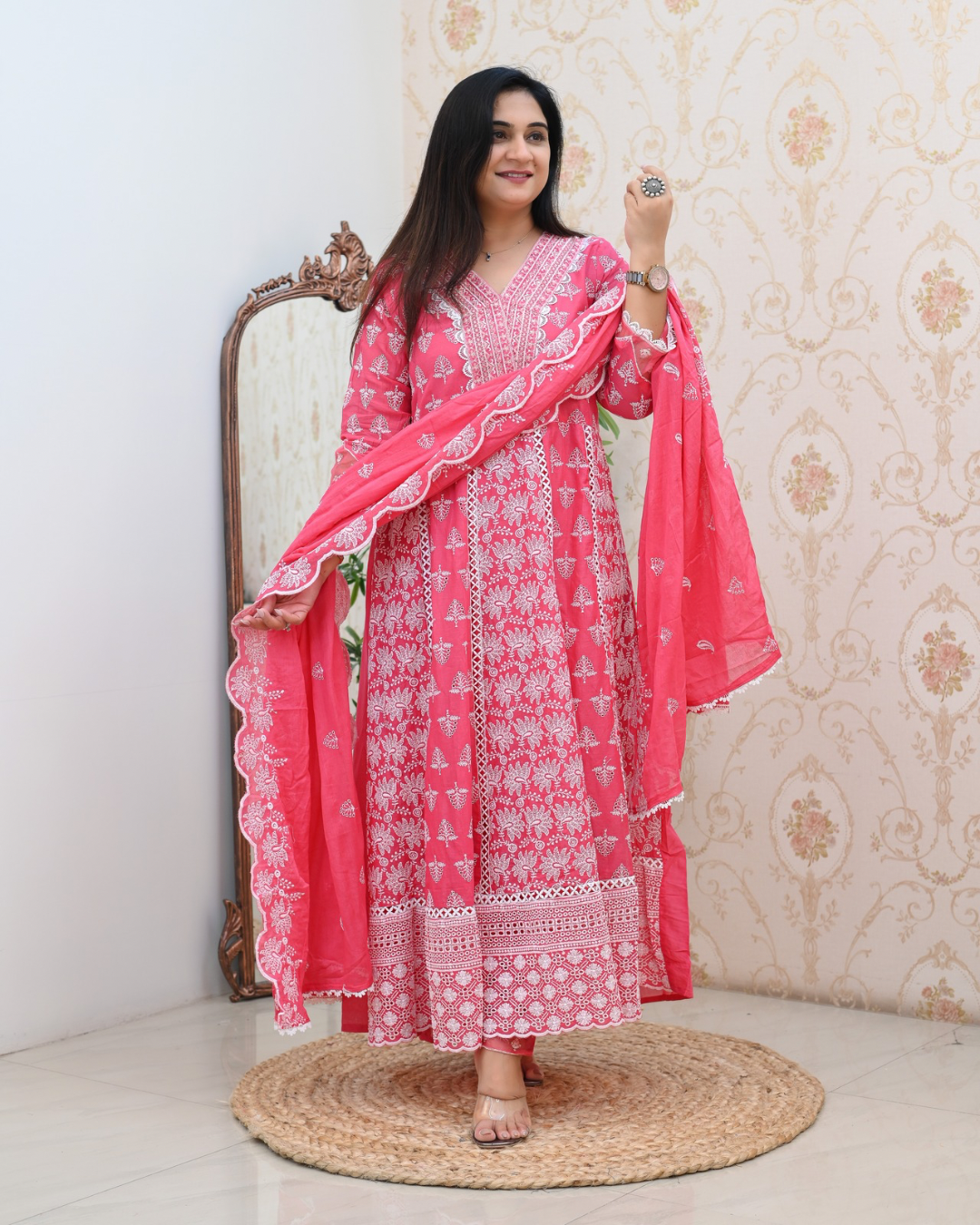 Premium Cotton Thread Embroidered Anarkali Suit - The Jaipur Studio