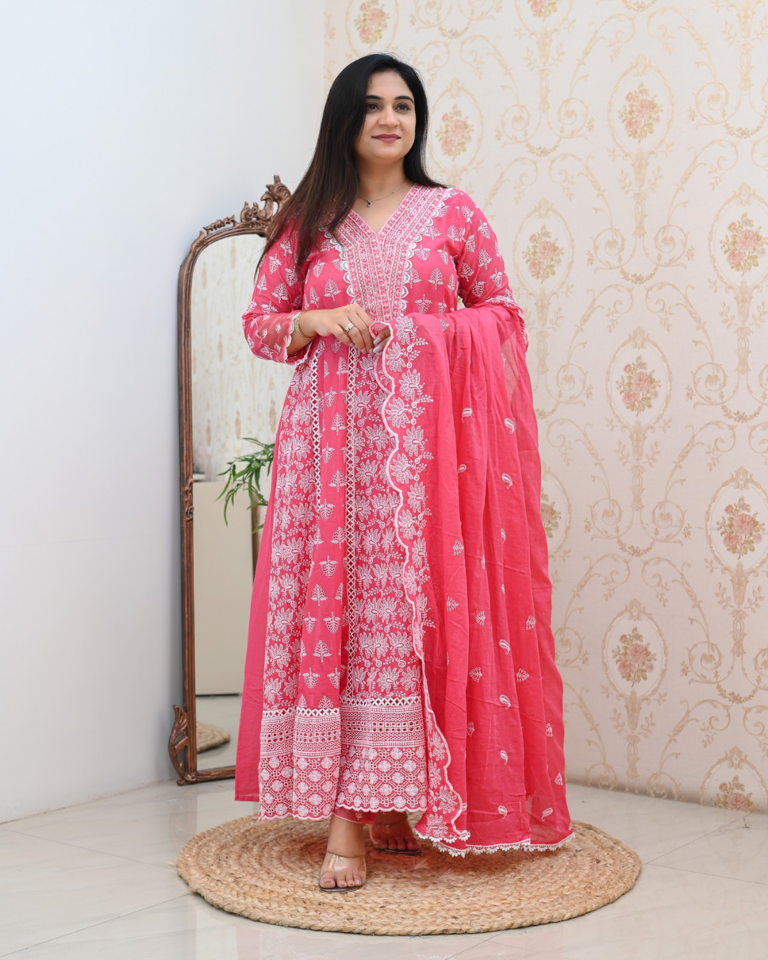 Premium Cotton Thread Embroidered Anarkali Suit - The Jaipur Studio