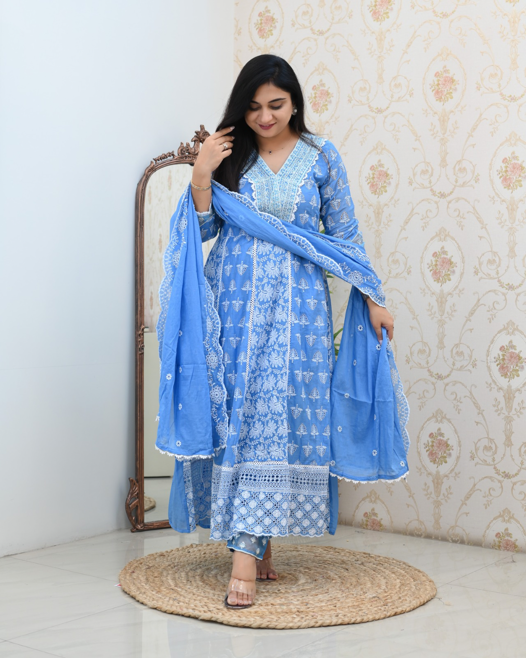 Premium Cotton Thread Embroidered Anarkali Suit - The Jaipur Studio