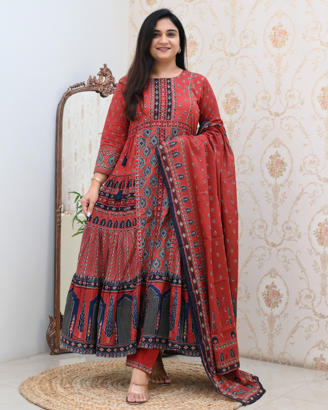 Cotton Handblock Flaired Anarkali Set - The Jaipur Studio