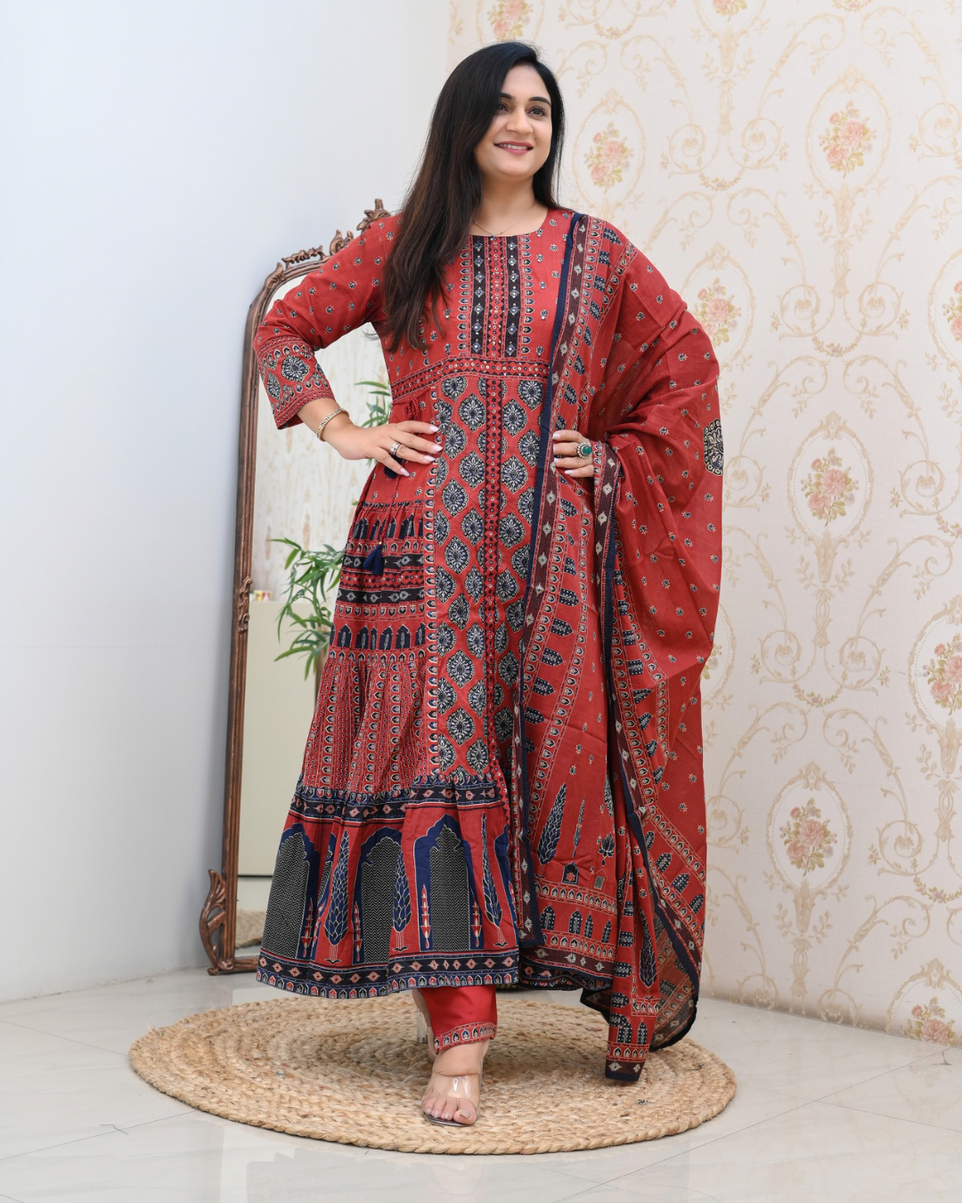 Cotton Handblock Flaired Anarkali Set - The Jaipur Studio