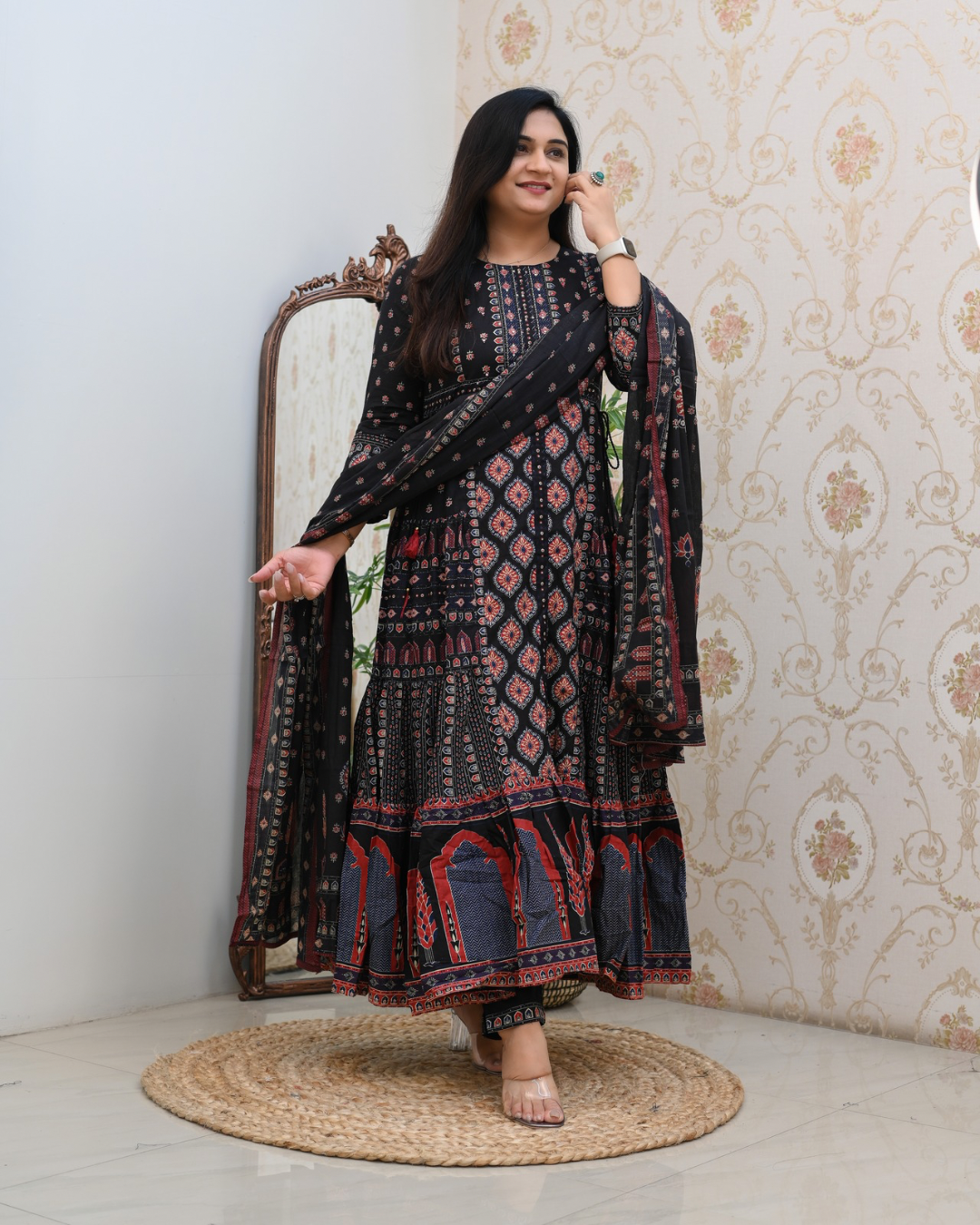 Cotton Handblock Flaired Anarkali Set - The Jaipur Studio