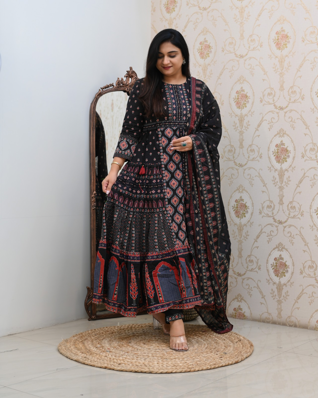 Cotton Handblock Flaired Anarkali Set - The Jaipur Studio
