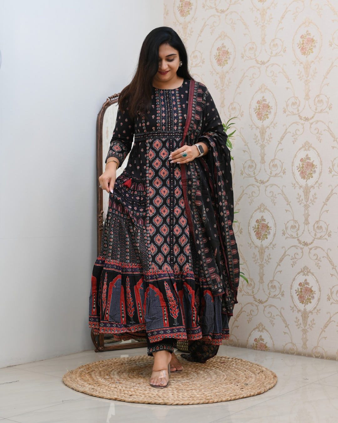 Cotton Handblock Flaired Anarkali Set - The Jaipur Studio