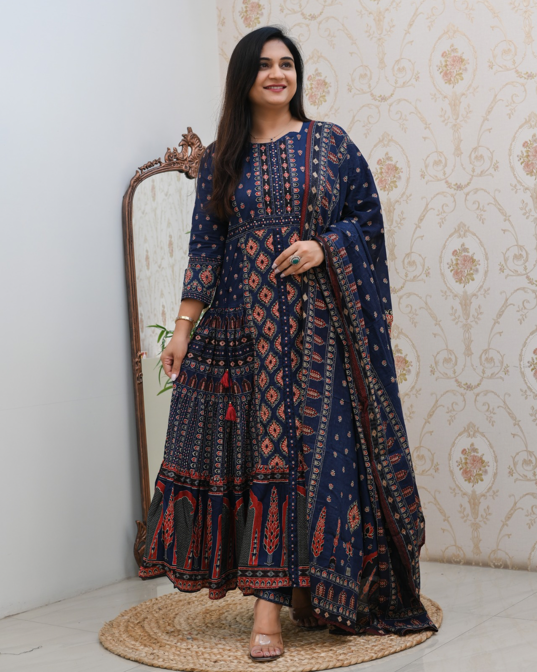 Cotton Handblock Flaired Anarkali Set - The Jaipur Studio