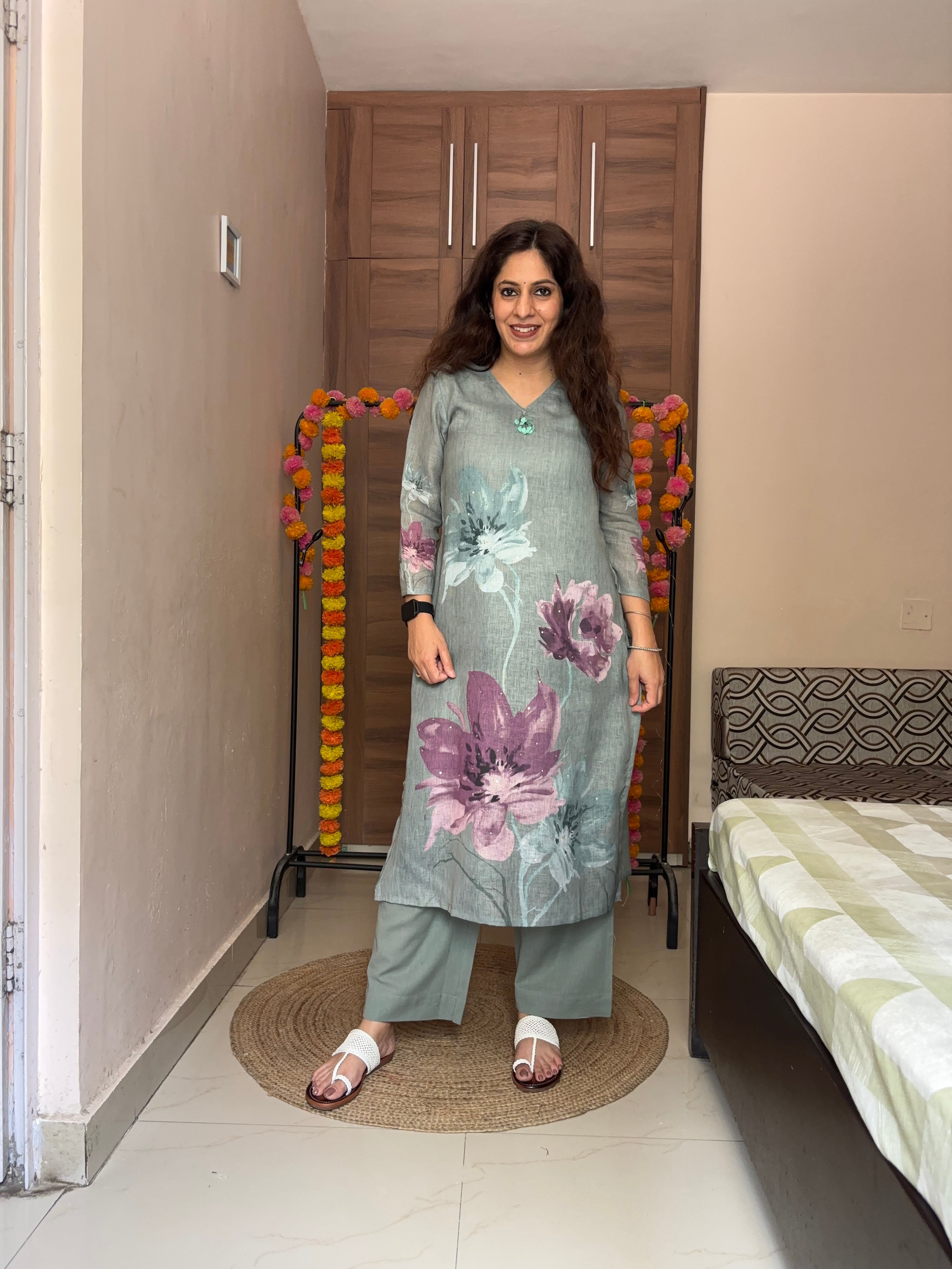 Linen Hand work brush Painted Pant Set - The Jaipur Studio