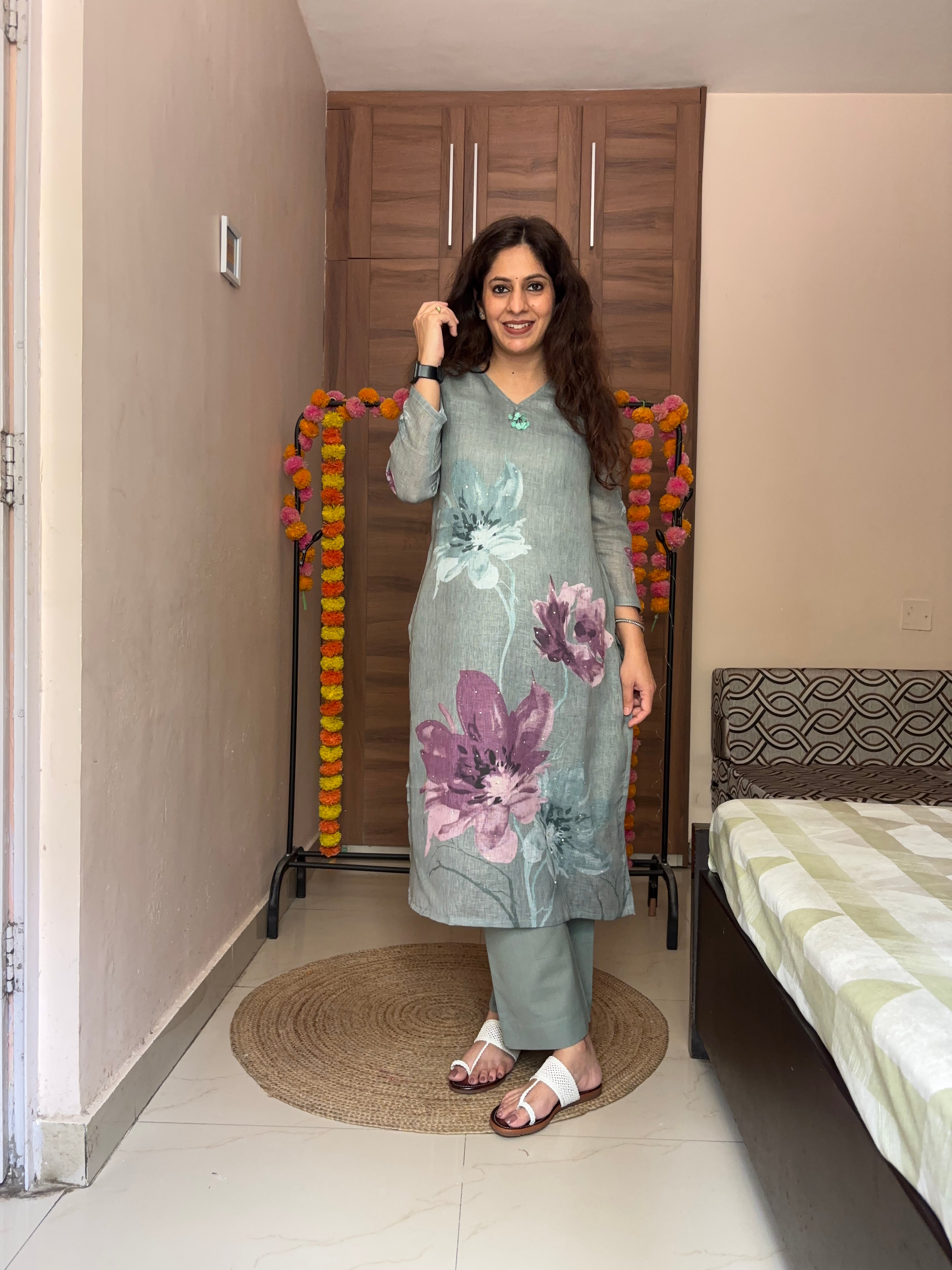 Linen Hand work brush Painted Pant Set - The Jaipur Studio