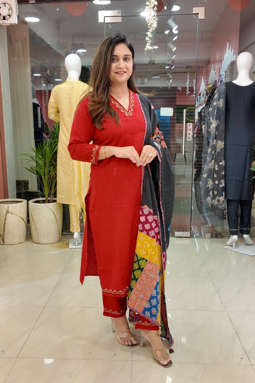 Cotton Embroidered Pant Set with Ajrakh Appliqué Dupatta - The Jaipur Studio
