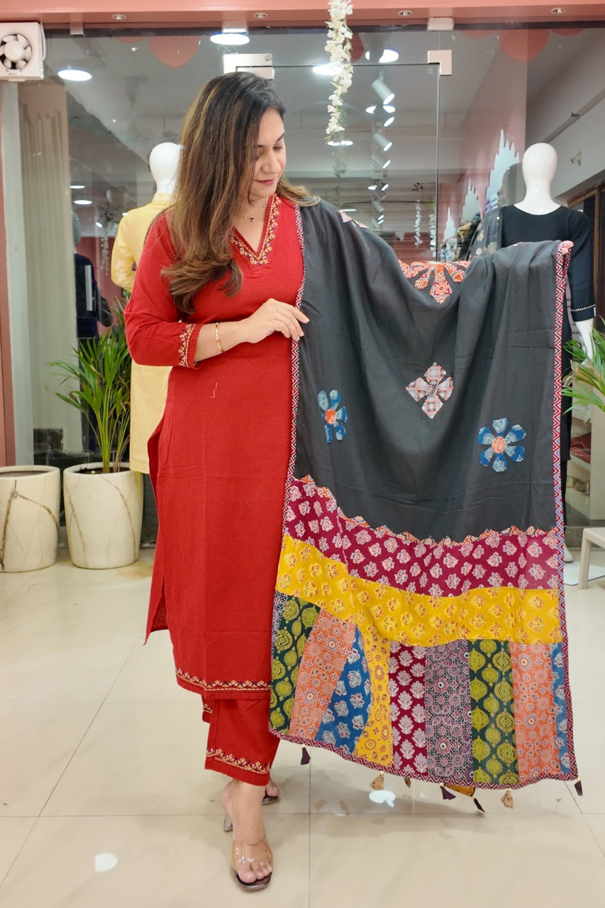 Cotton Embroidered Pant Set with Ajrakh Appliqué Dupatta - The Jaipur Studio