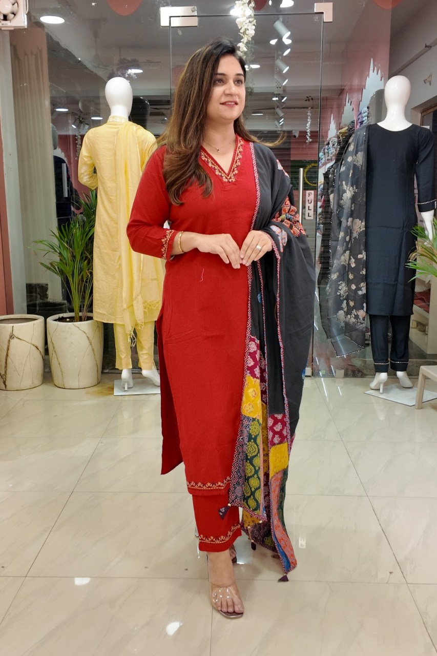 Cotton Embroidered Pant Set with Ajrakh Appliqué Dupatta - The Jaipur Studio