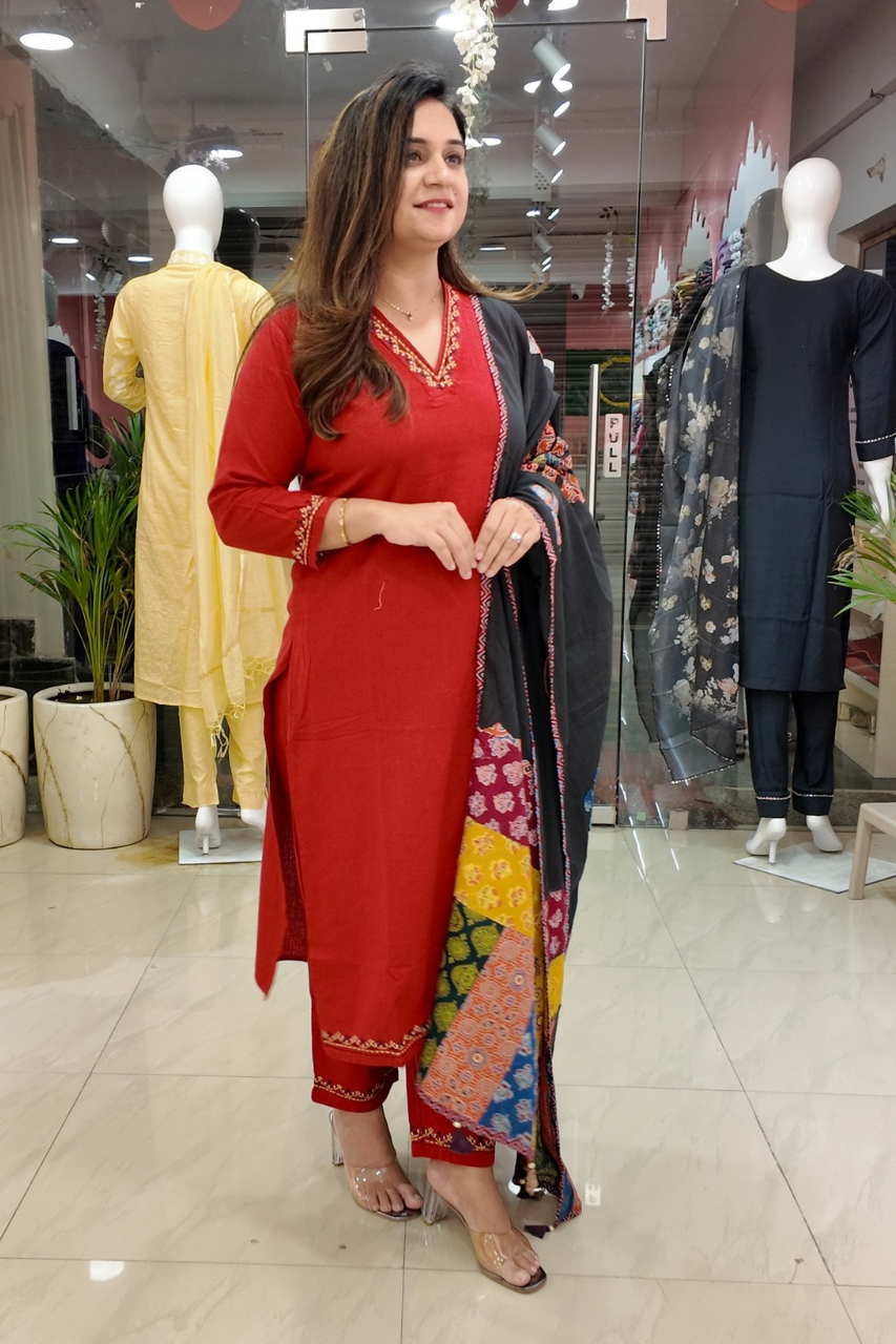 Cotton Embroidered Pant Set with Ajrakh Appliqué Dupatta - The Jaipur Studio