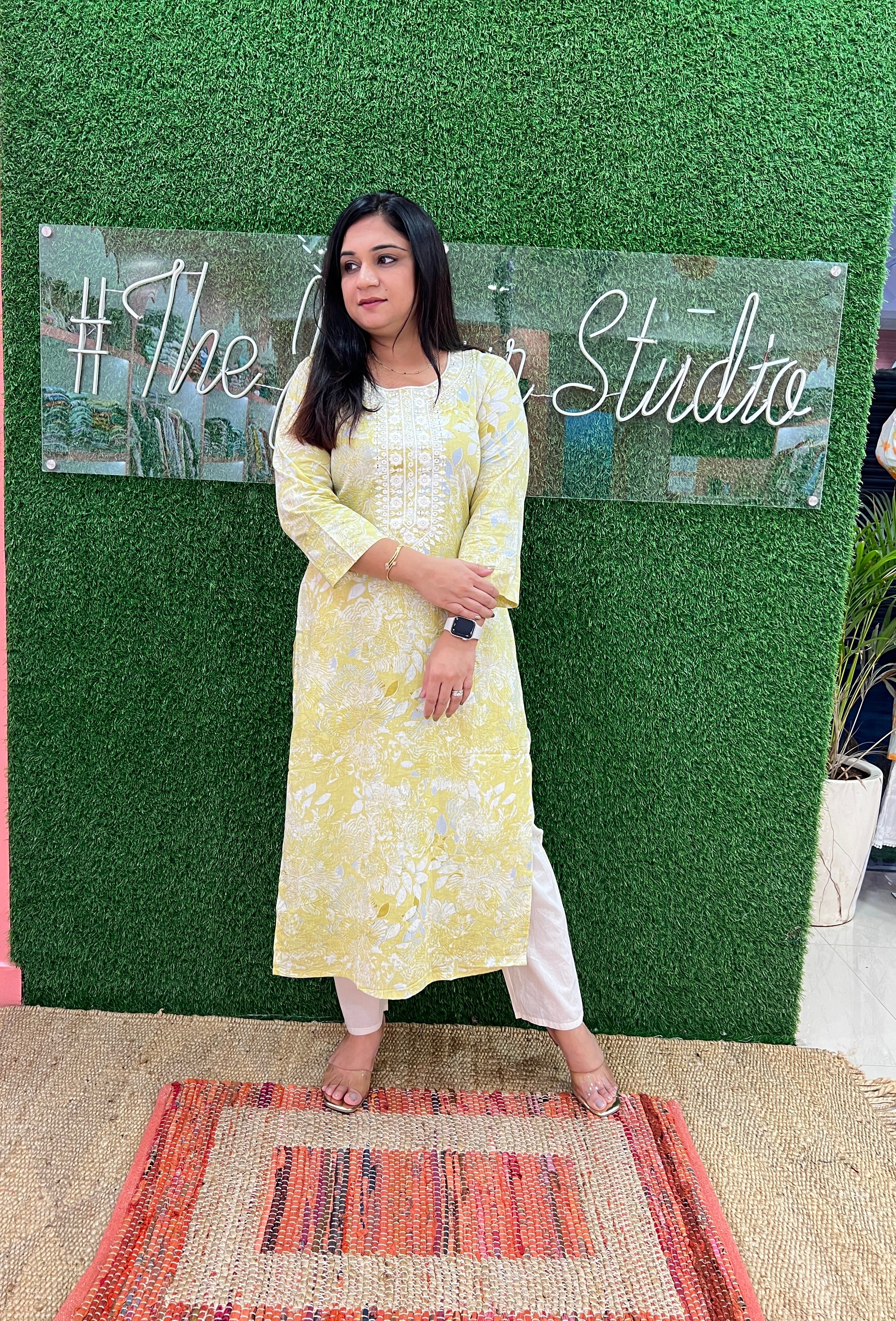 Mul Cotton Digital Florat Print Embroidered Kurta - The Jaipur Studio