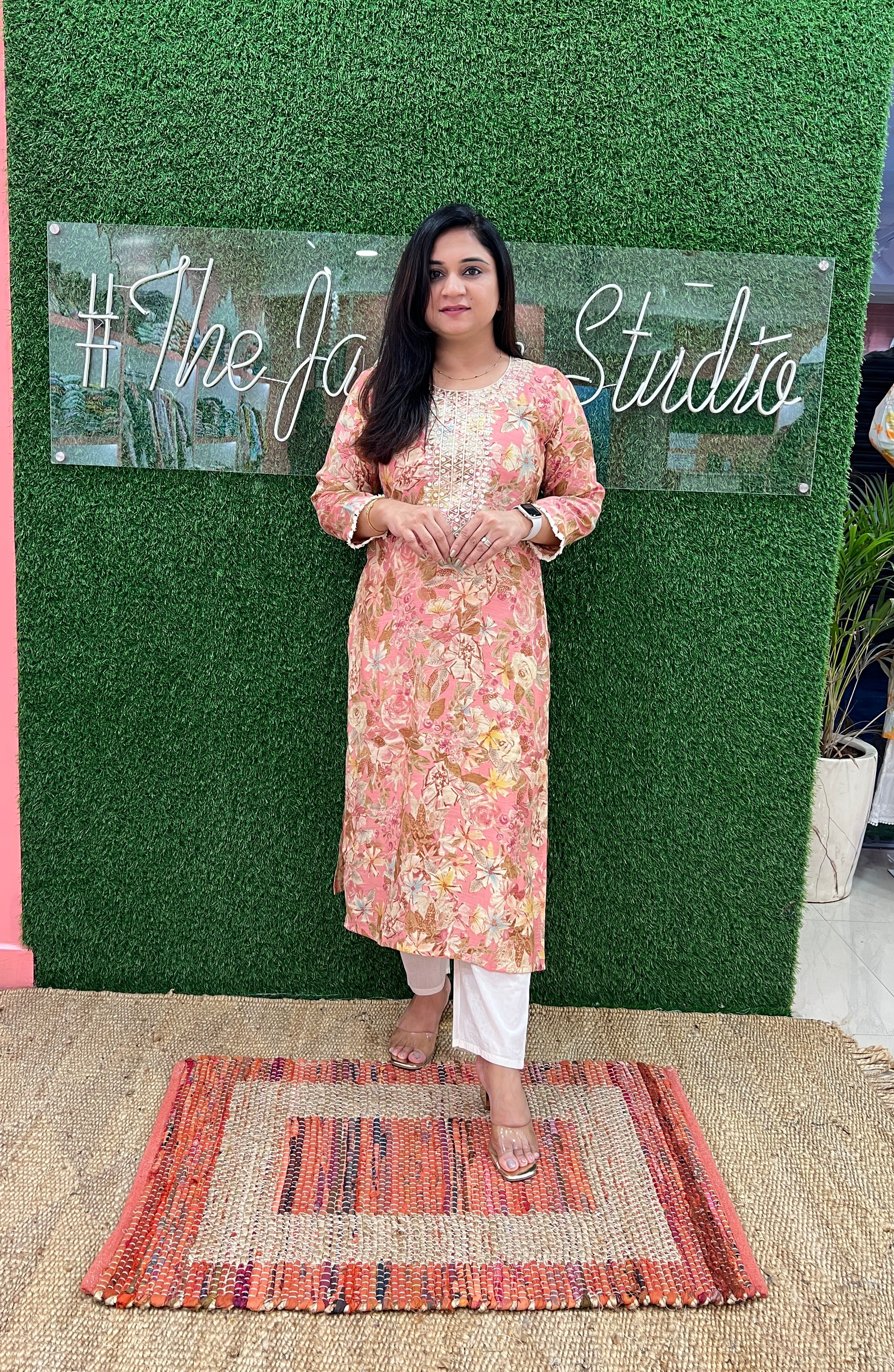 Mul Cotton Digital Florat Print Embroidered Kurta - The Jaipur Studio