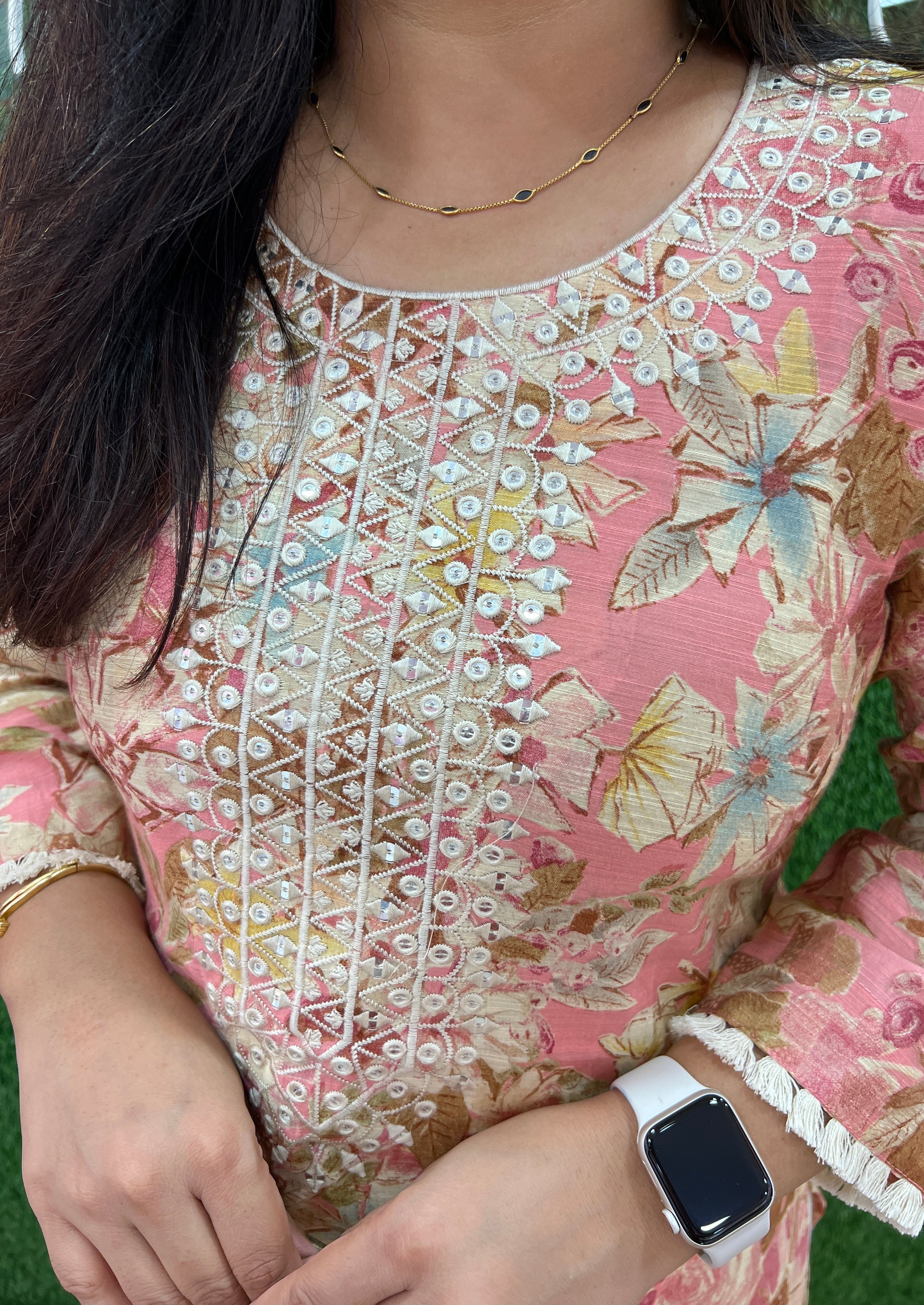 Mul Cotton Digital Florat Print Embroidered Kurta - The Jaipur Studio