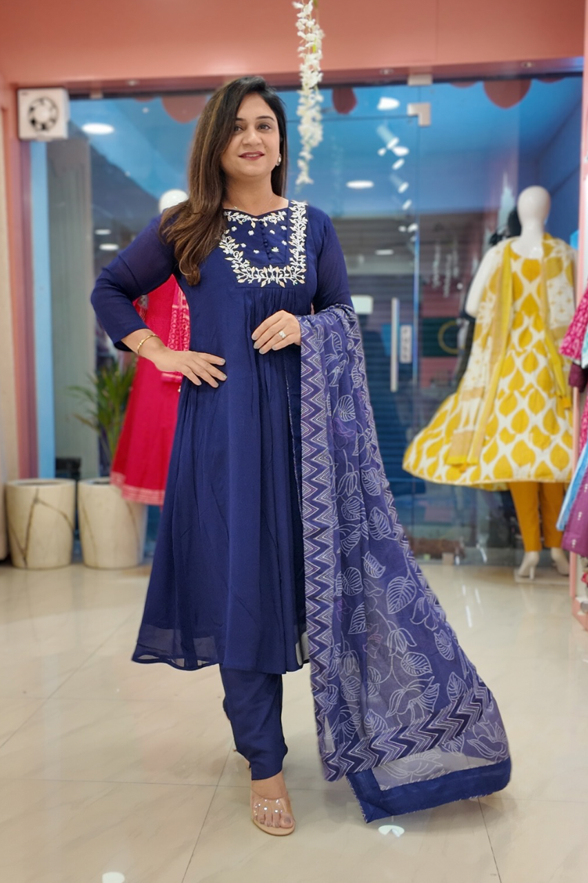 Inara Premium Chinnon Hand Embroidered A-line Pant Set - The Jaipur Studio