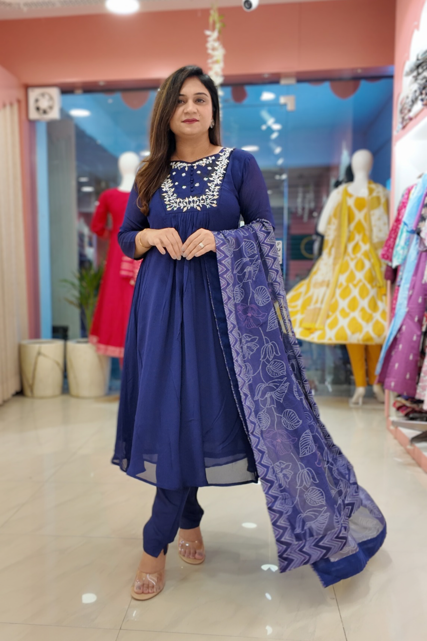 Inara Premium Chinnon Hand Embroidered A-line Pant Set - The Jaipur Studio