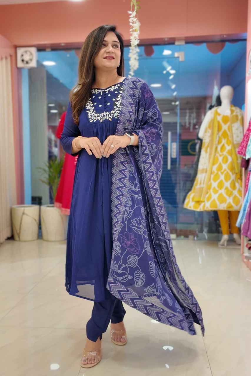Inara Premium Chinnon Hand Embroidered A-line Pant Set - The Jaipur Studio