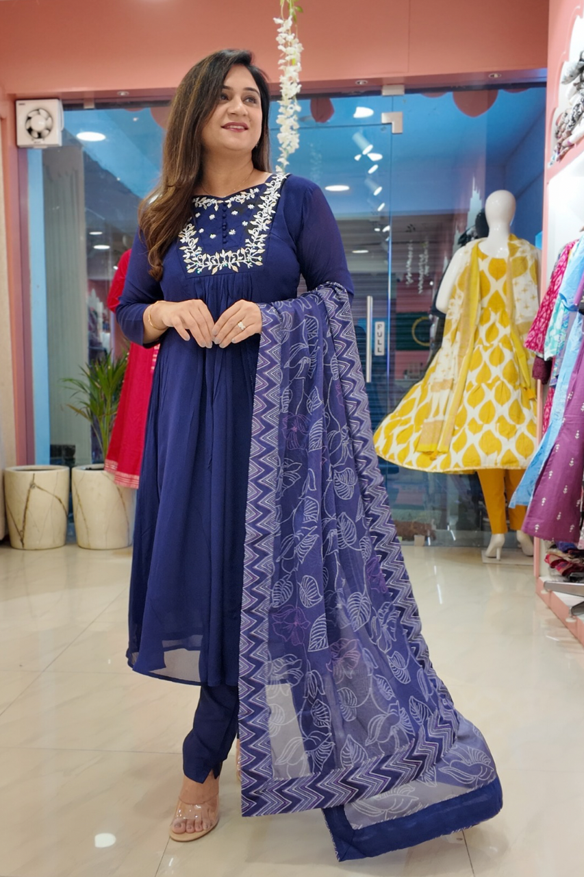 Inara Premium Chinnon Hand Embroidered A-line Pant Set - The Jaipur Studio
