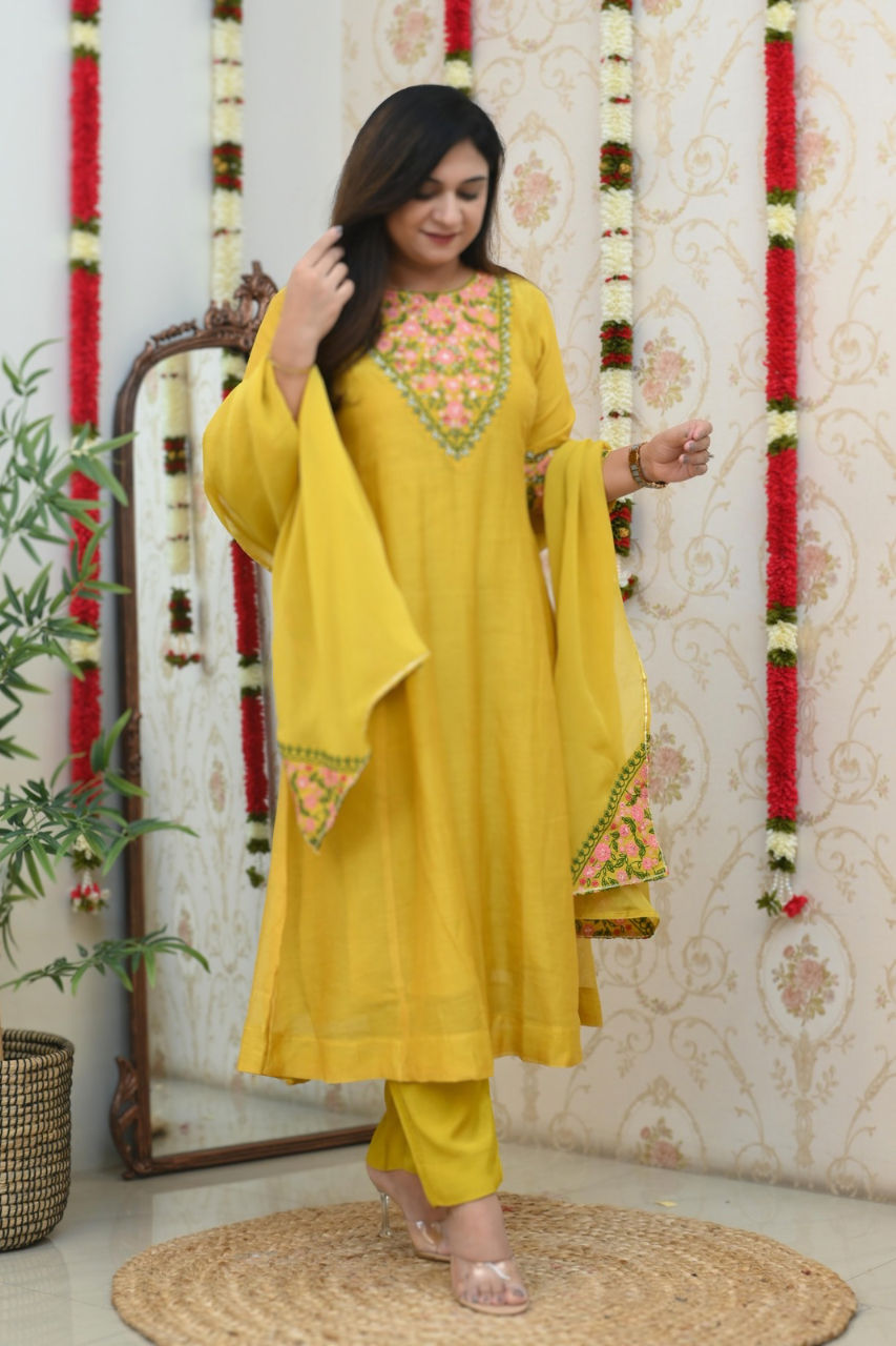 Flared Chanderi Embroidered Pant Set - The Jaipur Studio