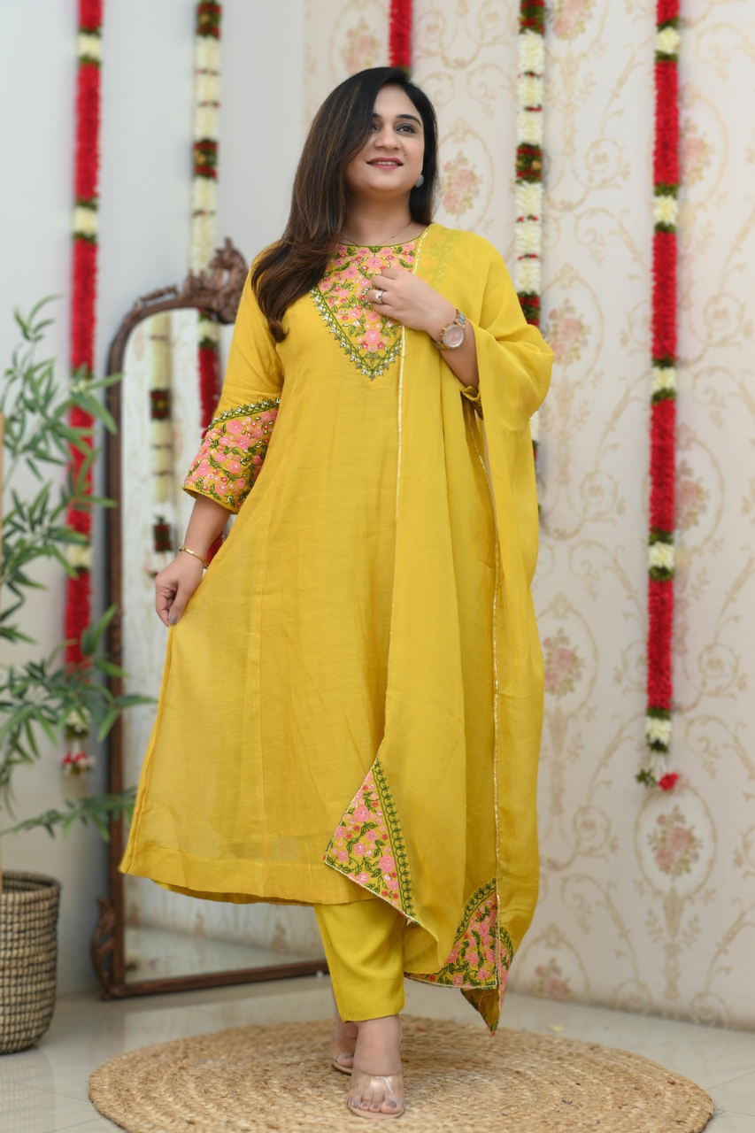 Flared Chanderi Embroidered Pant Set - The Jaipur Studio