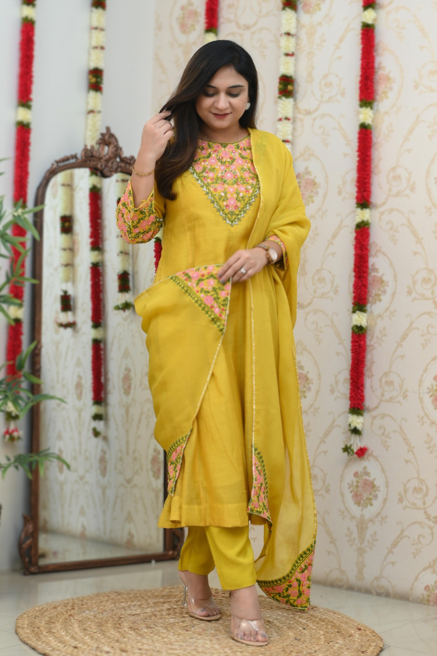 Flared Chanderi Embroidered Pant Set - The Jaipur Studio