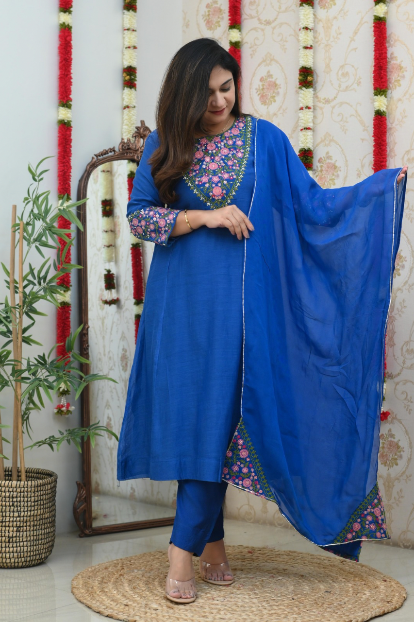 Flared Chanderi Embroidered Pant Set - The Jaipur Studio