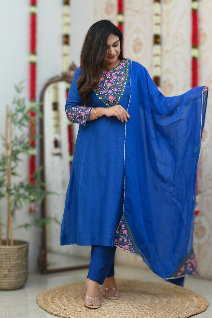 Flared Chanderi Embroidered Pant Set - The Jaipur Studio