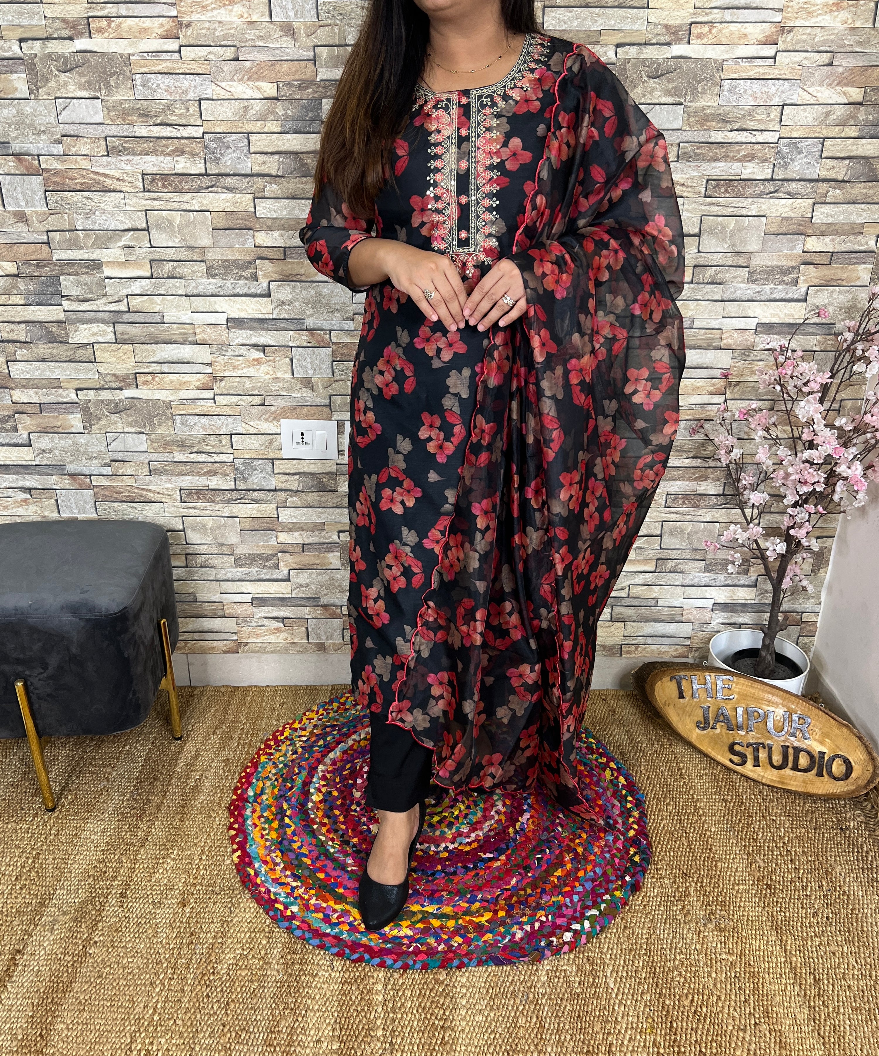 Black Floral Organza Pant Set - The Jaipur Studio